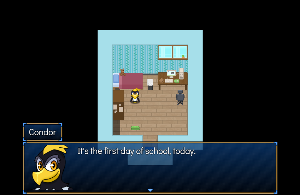Campus RPG: a student's dorm room in top-down pixel art, with Condor the mascot saying "It's the first day of school, today."